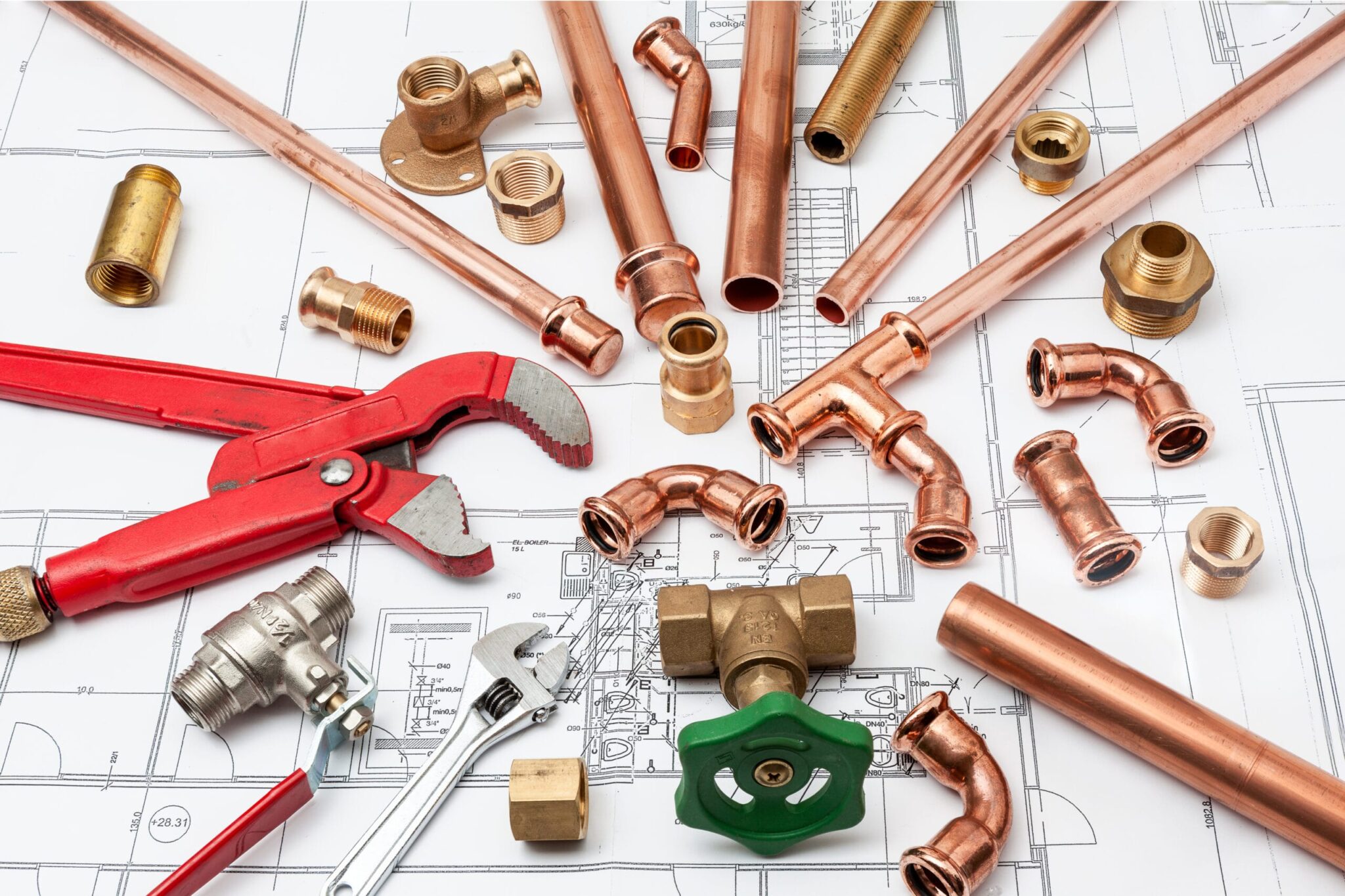 Copper pipes, fittings, valves, and plumbing tools in West Palm Beach
