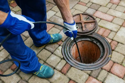 Plumber cleaning an outdoor sewer drain in West Palm Beach