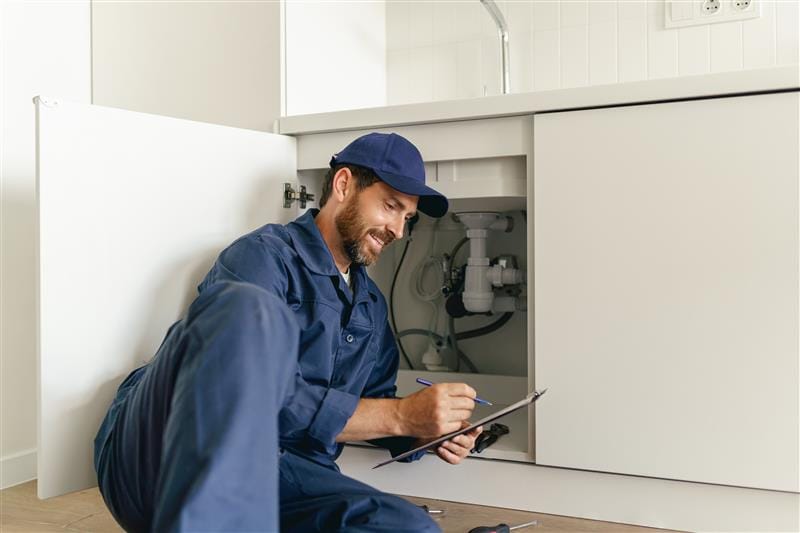 Residential plumber reviewing plumbing repairs in a West Palm Beach kitchen