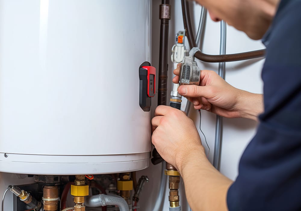Technician repairing pipes connected to a water heater in West Palm Beach